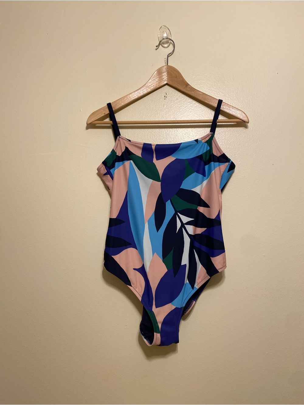 Lively Navy Blue, Light Blue, Pink & Green Leaf Print One-Piece Swimsuit. Size S